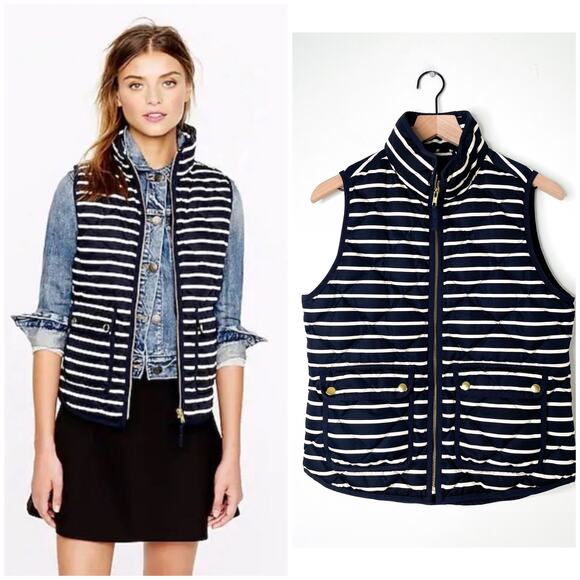 J. Crew Puffer Vest Size Small Navy Blue Stripe Quilted Down - Picture 1 of 10